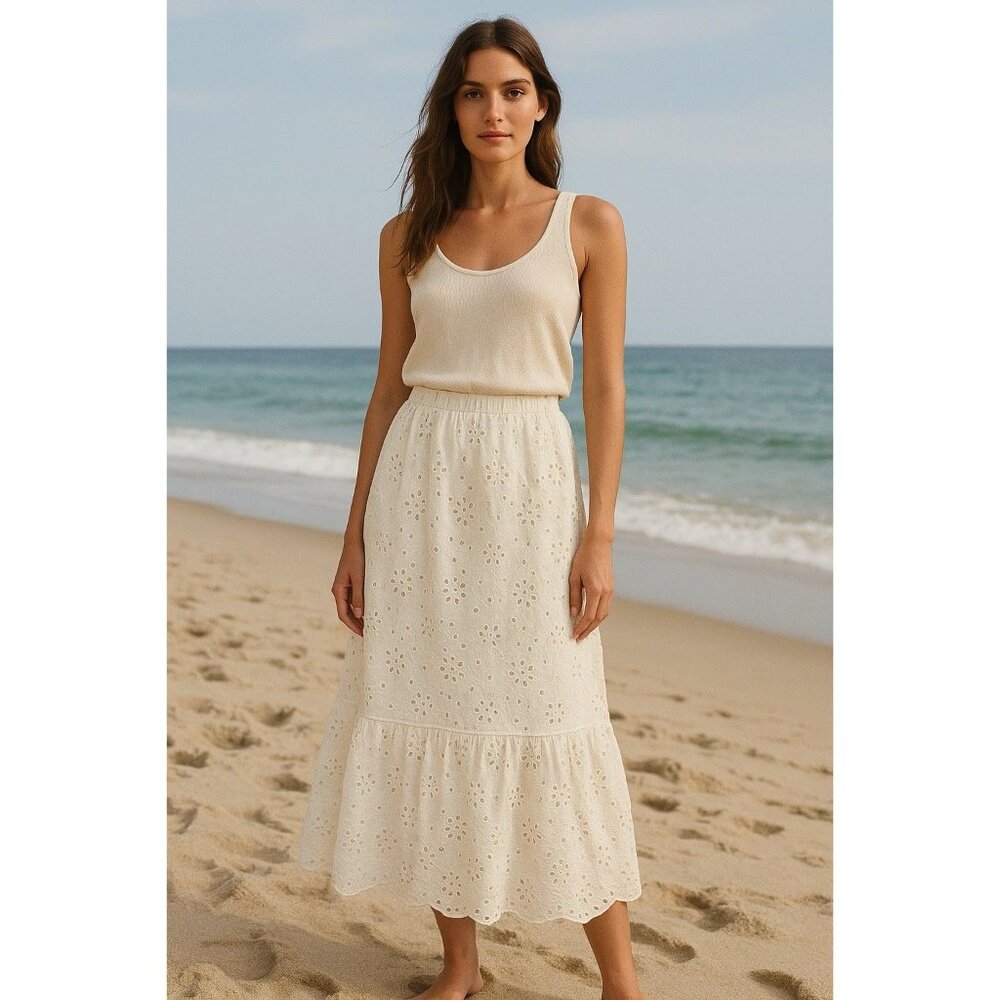 Joie White Eyelet Embroidered Midi Skirt XS – Boho Coastal Cotton Ruffle Skirt - Picture 5 of 5